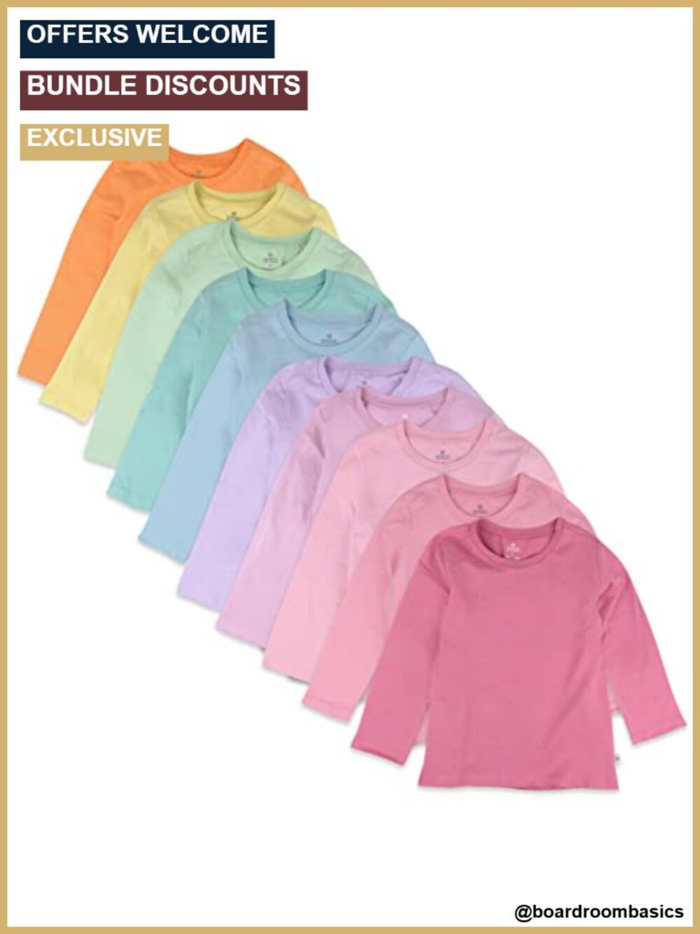 HonestBaby 10-Pack Long Sleeve T-Shirts 100% Organic Cotton Toddler Boys Girls